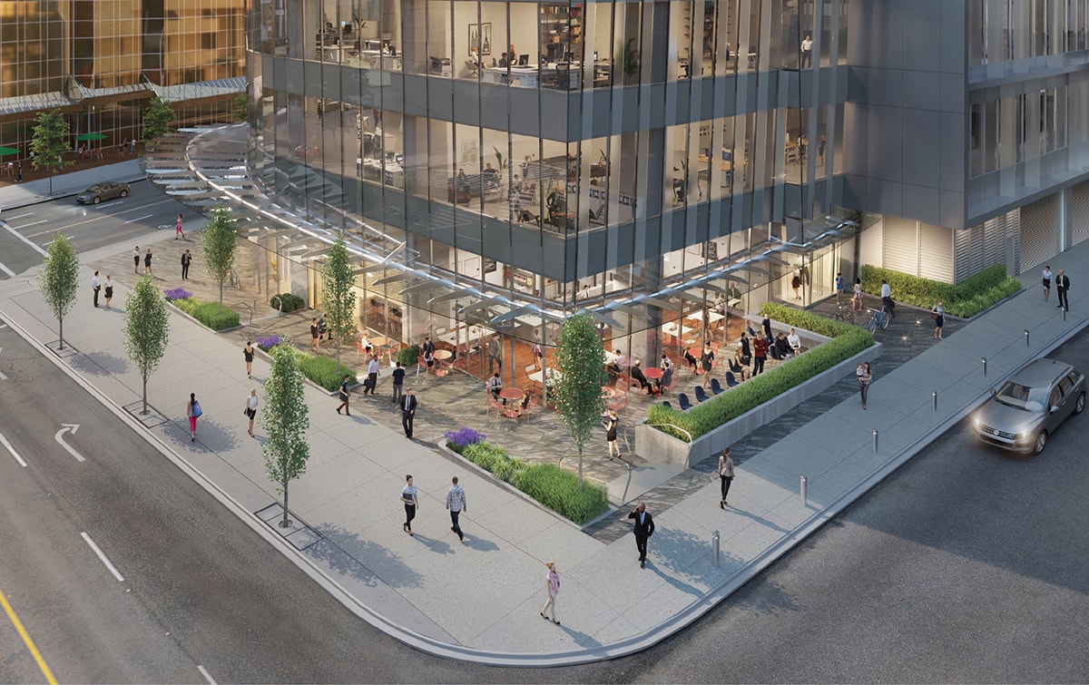 A sleek tower with an animated streetscape