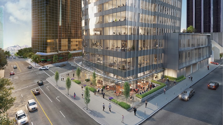 A sleek tower with an animated streetscape